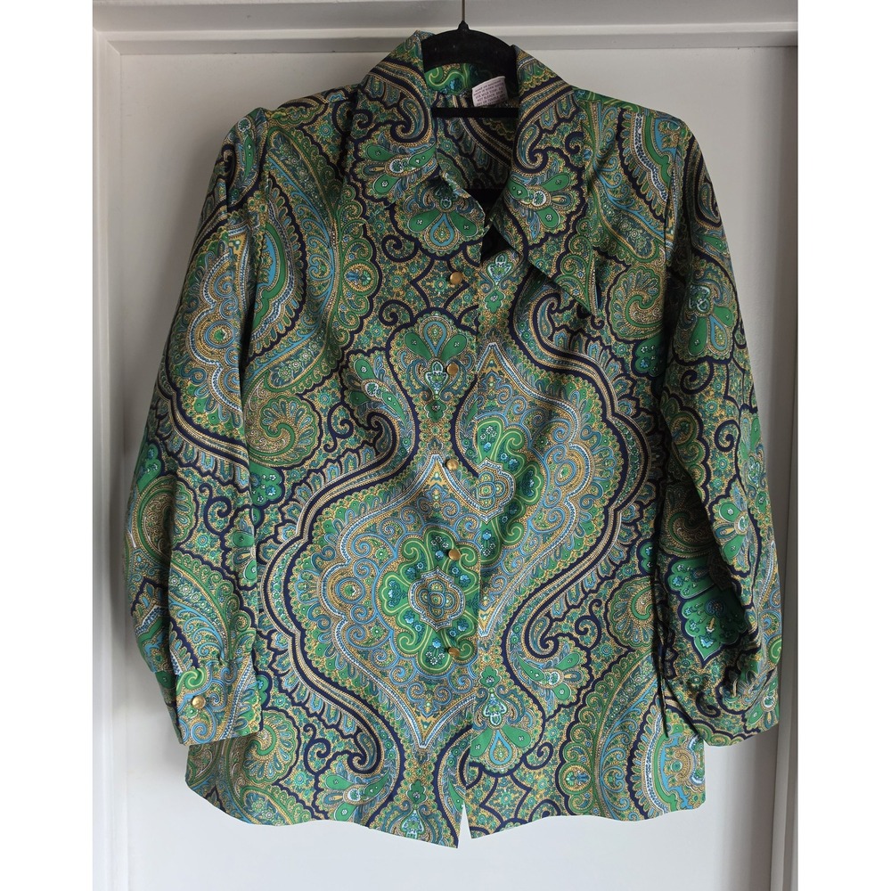 Graff Californiawear Blouse Paisley Collared Long Sleeve Green Blue Gold Top VTG